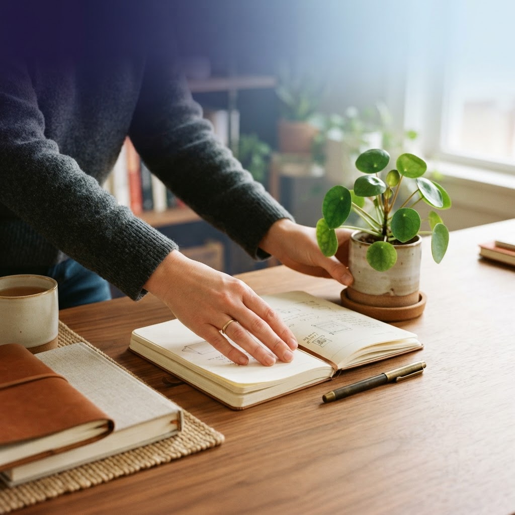 Hands organizing personal items on a clean desk