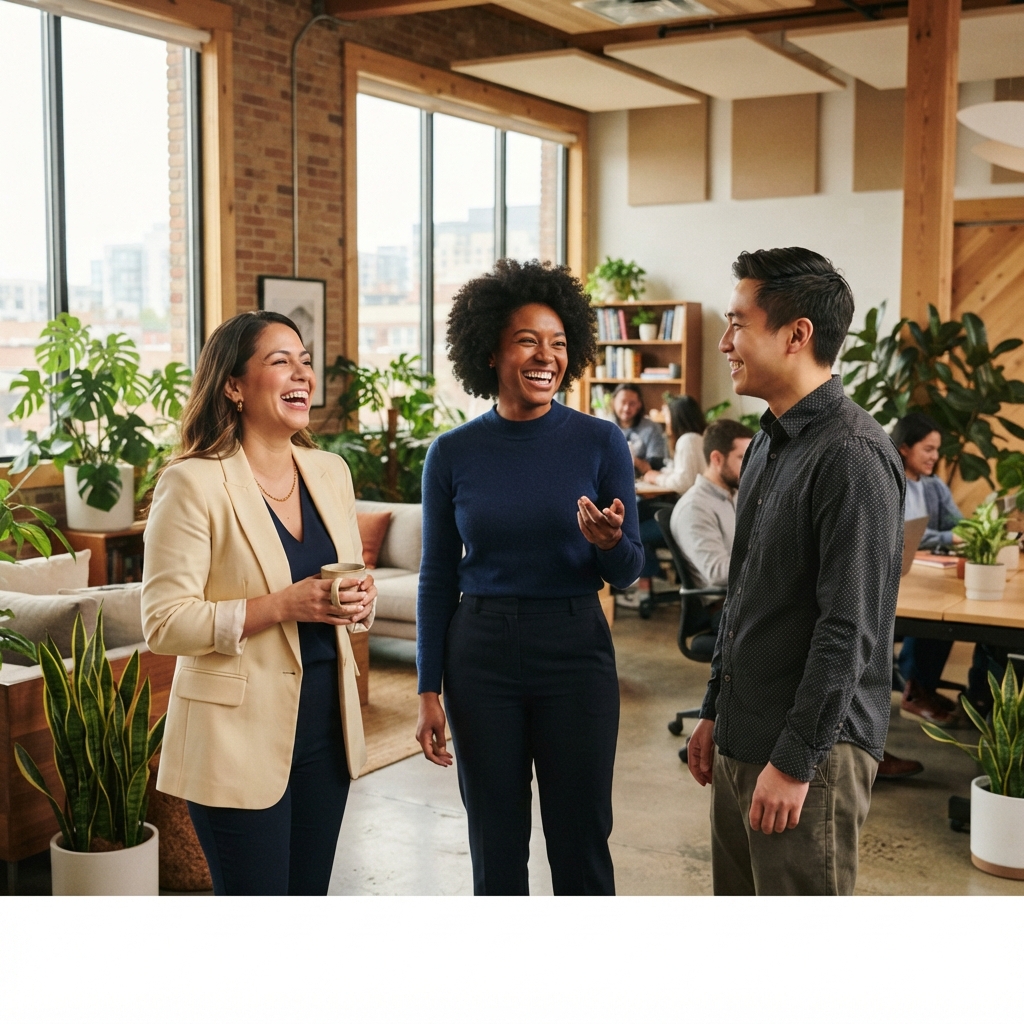 Small team laughing and collaborating in an office