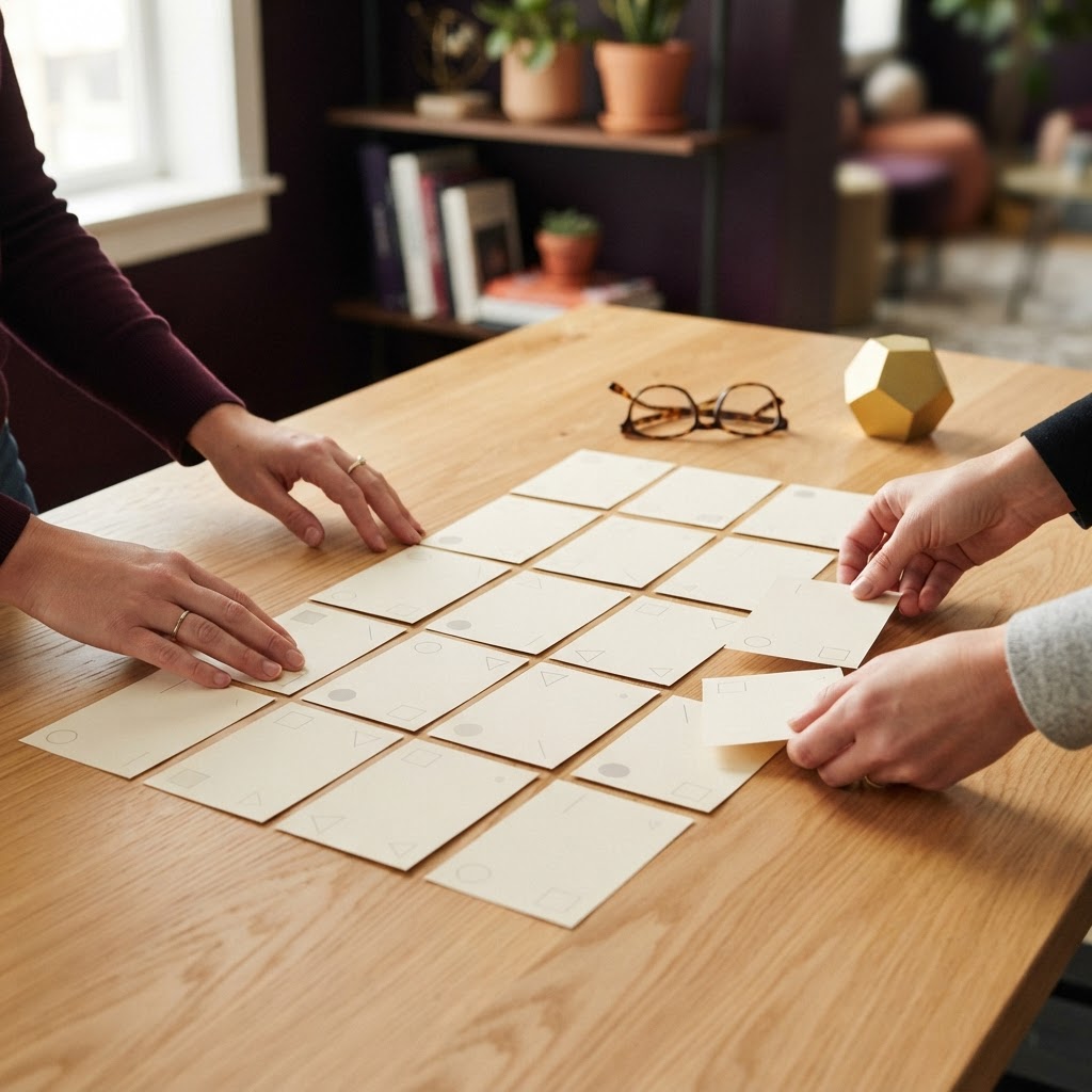 Hands arranging clean index cards on a wooden table