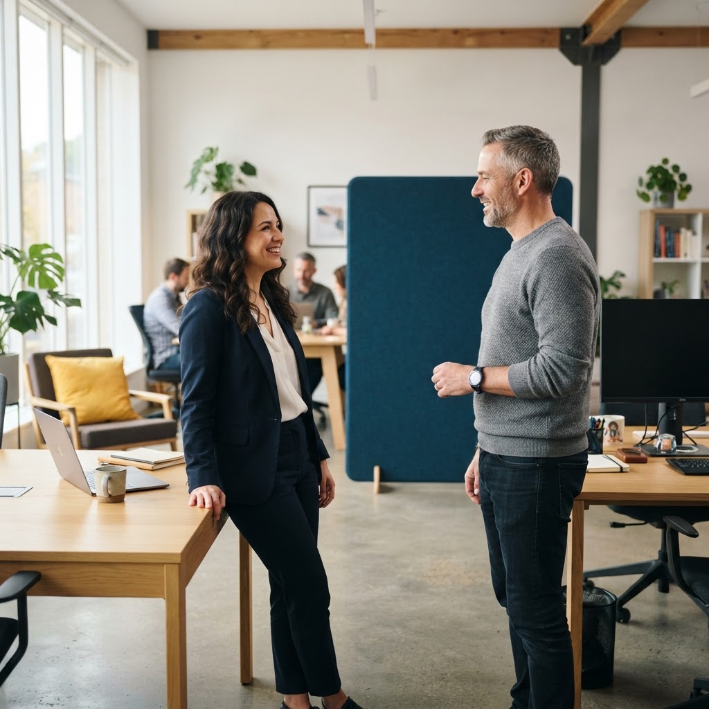 Operations lead and founder talking in a sunlit modern workspace