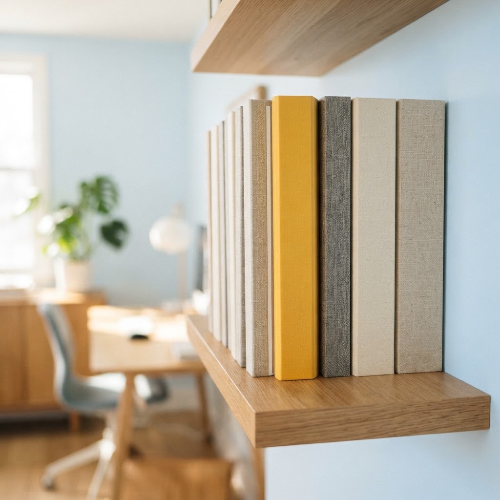 Organized folders on a shelf with one golden accent