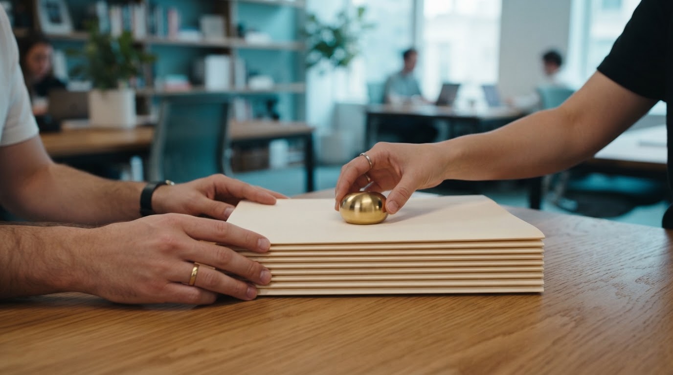 Hands organizing folders on a wooden desk