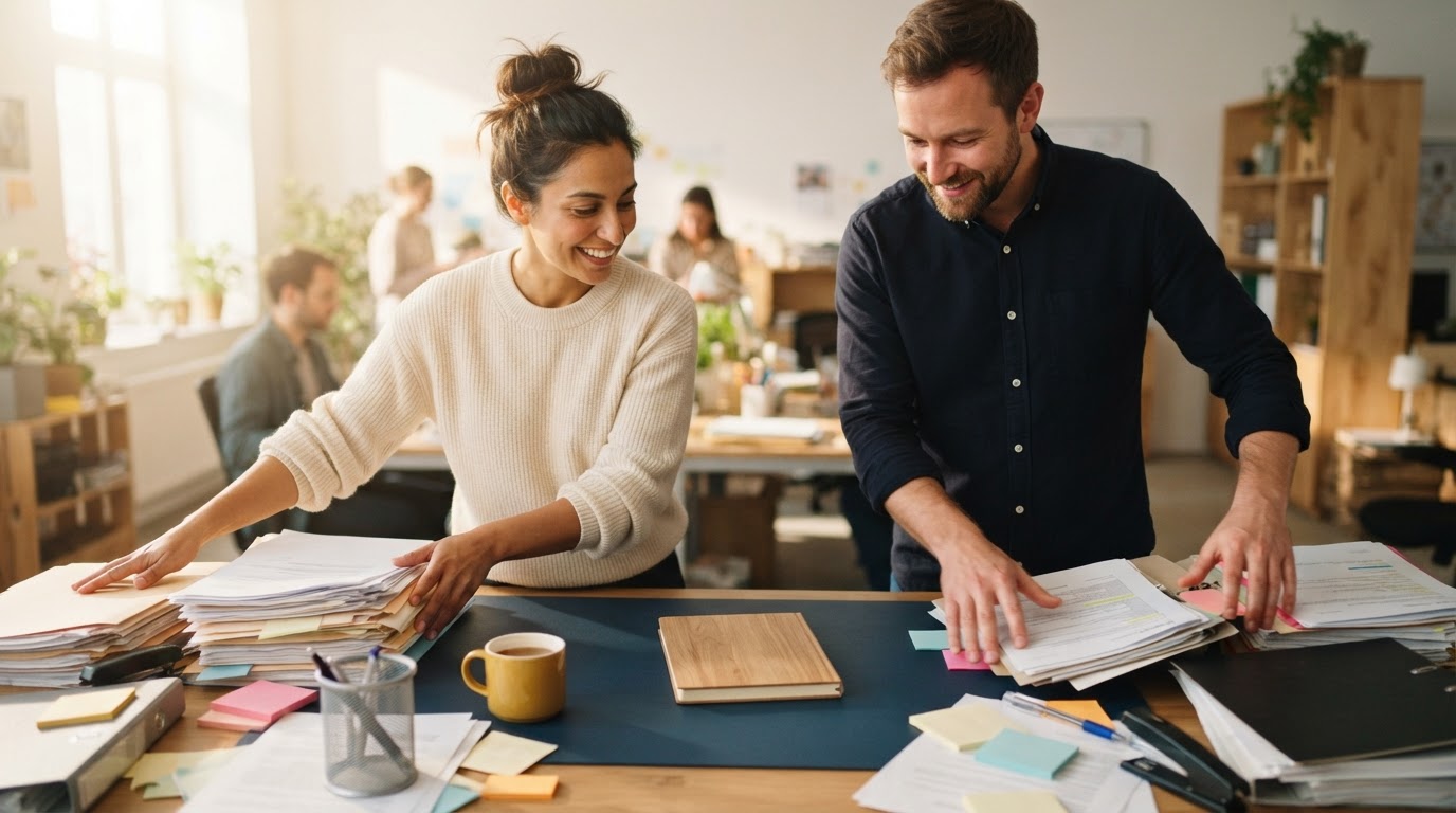 Two colleagues clearing a desk of messy paper files