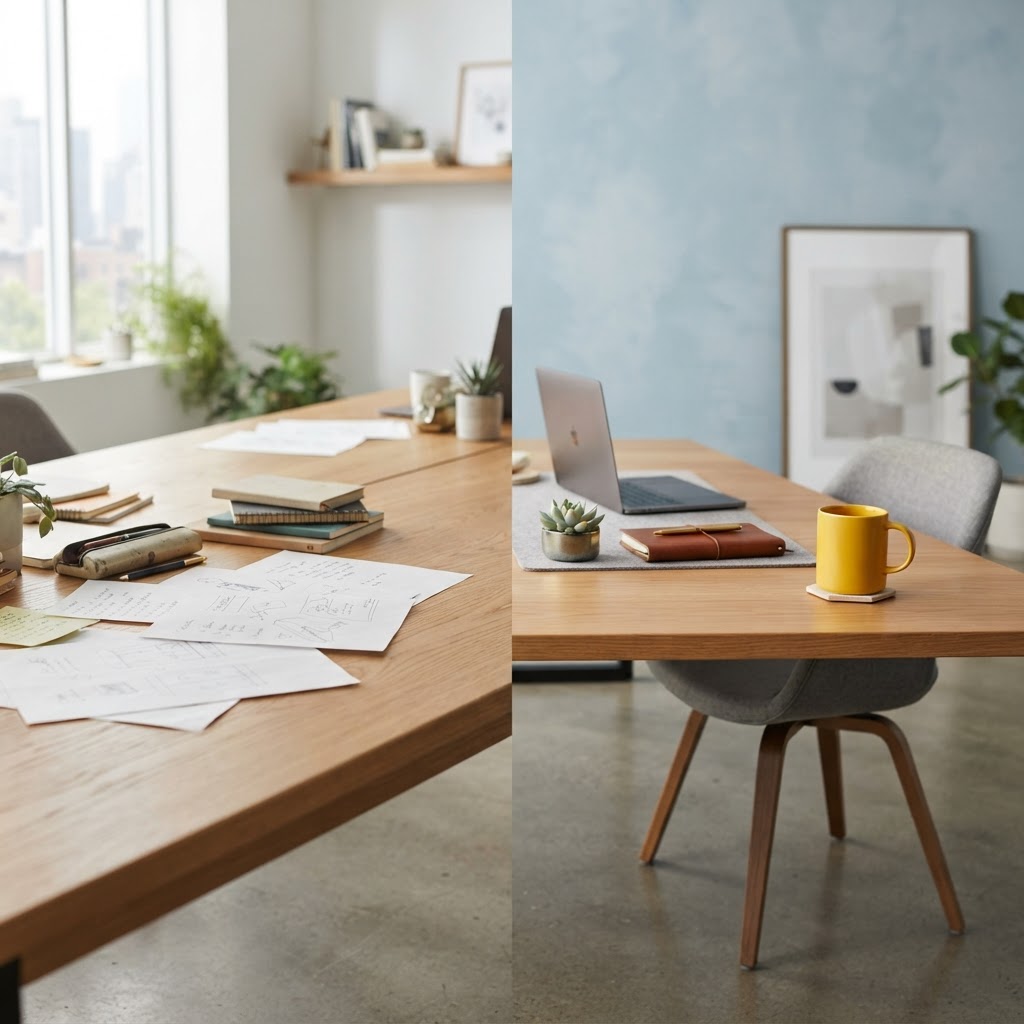 A cluttered desk transitioning into a clean and organized workspace