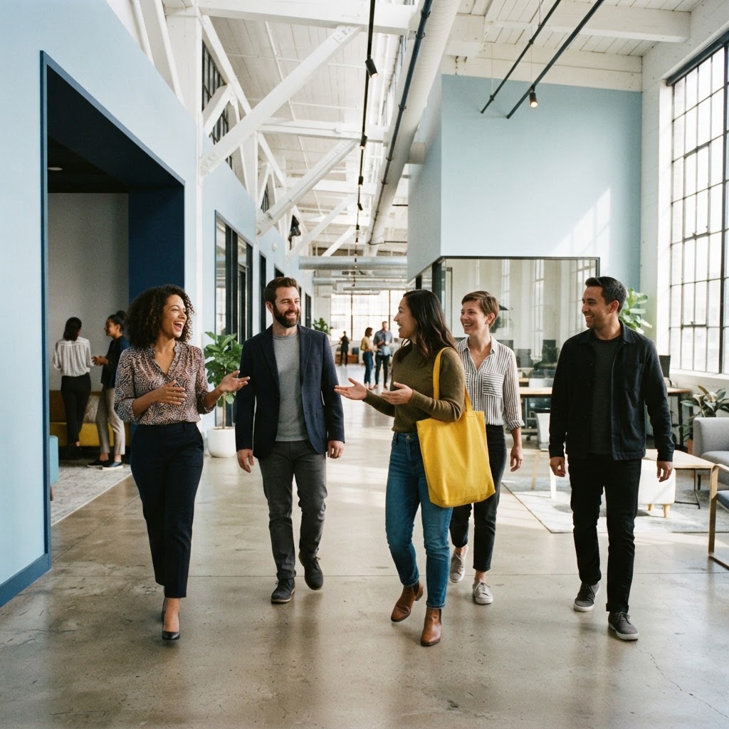 A diverse team walking and talking together in a modern bright office