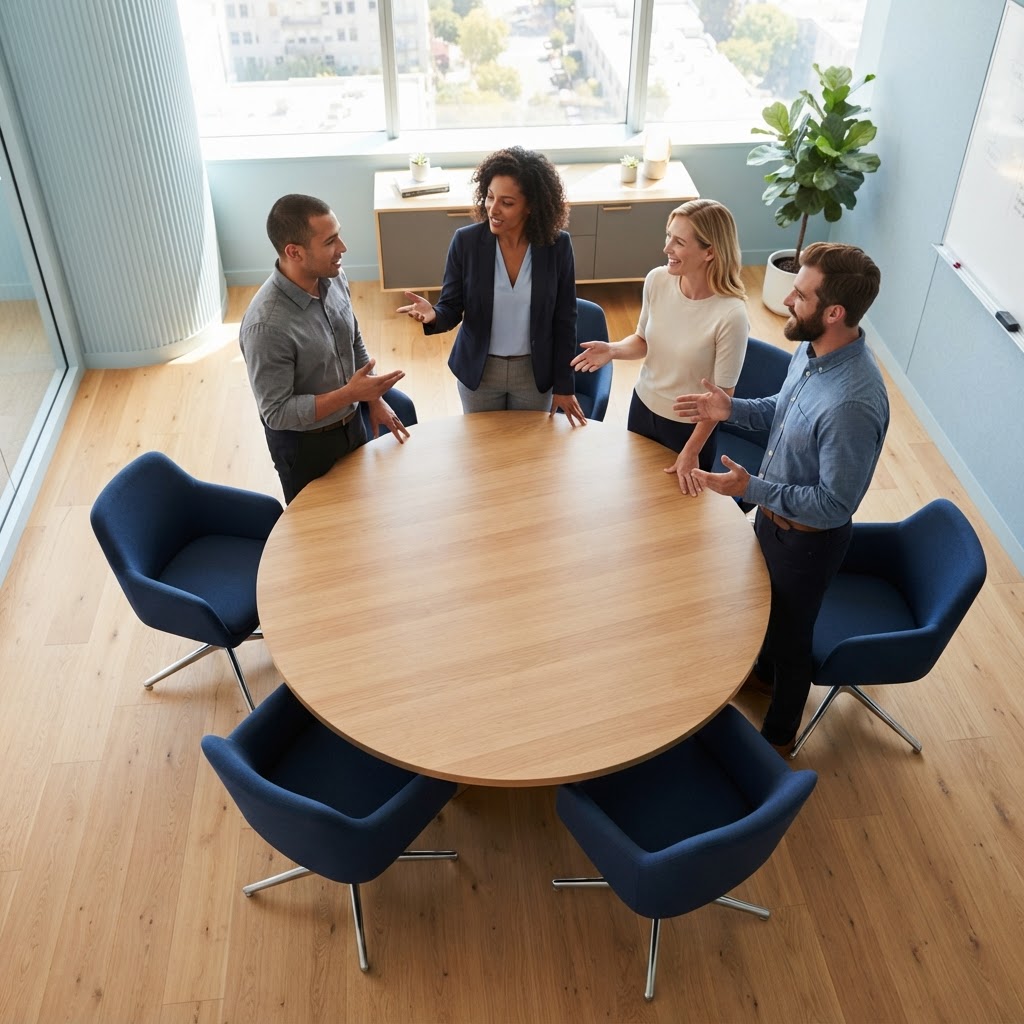 Diverse team standing around a table in a bright office