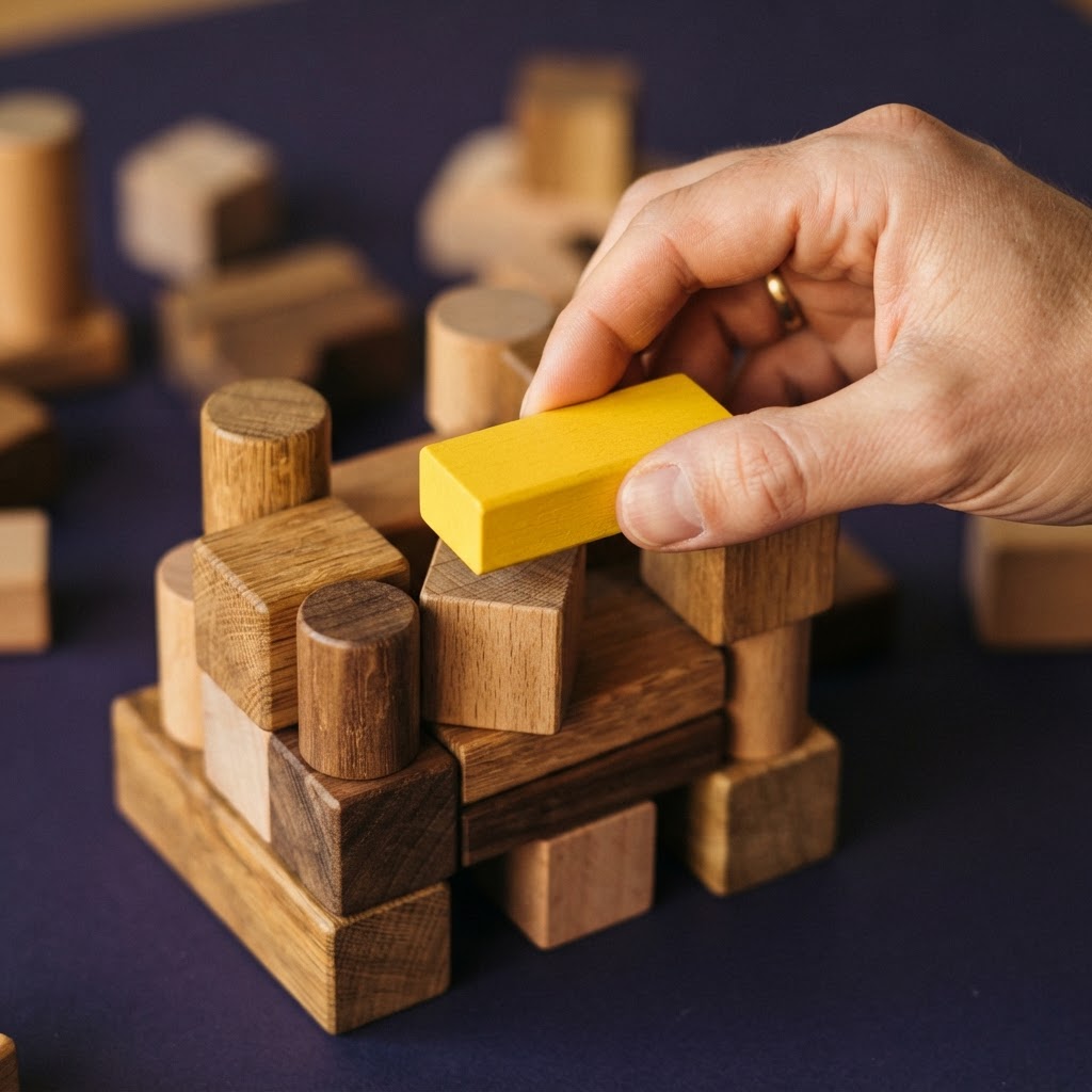 Hands stacking wooden blocks representing structural growth