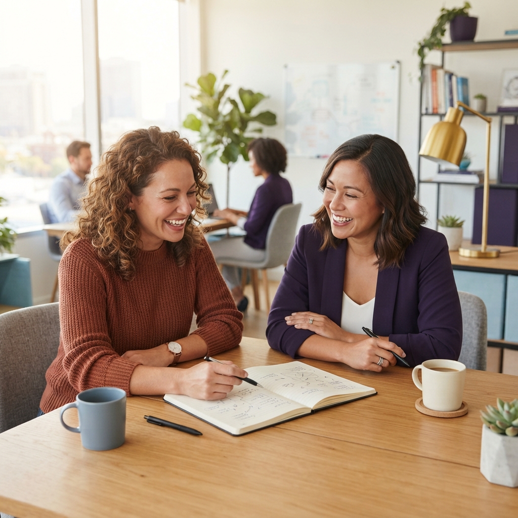 Founder and operations lead collaborating in a bright office