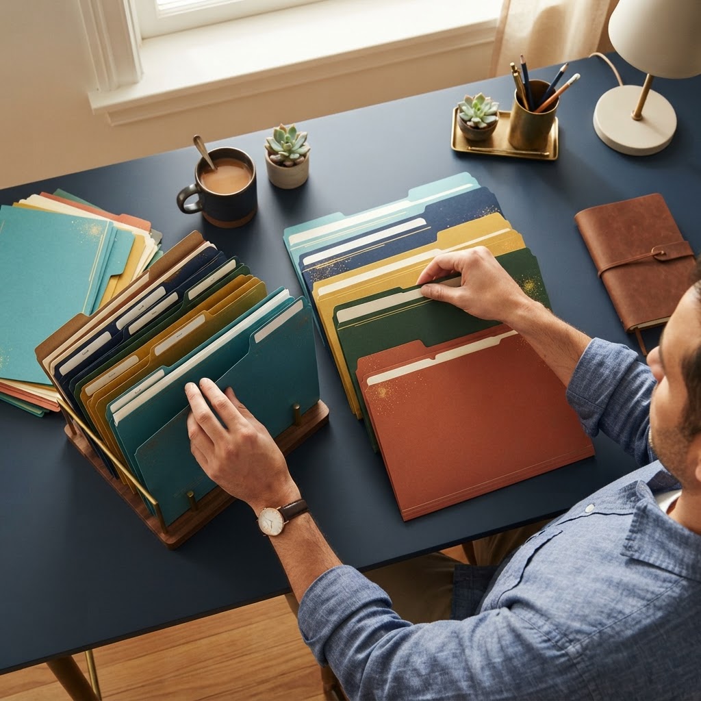 Person organizing physical folders on a modern desk
