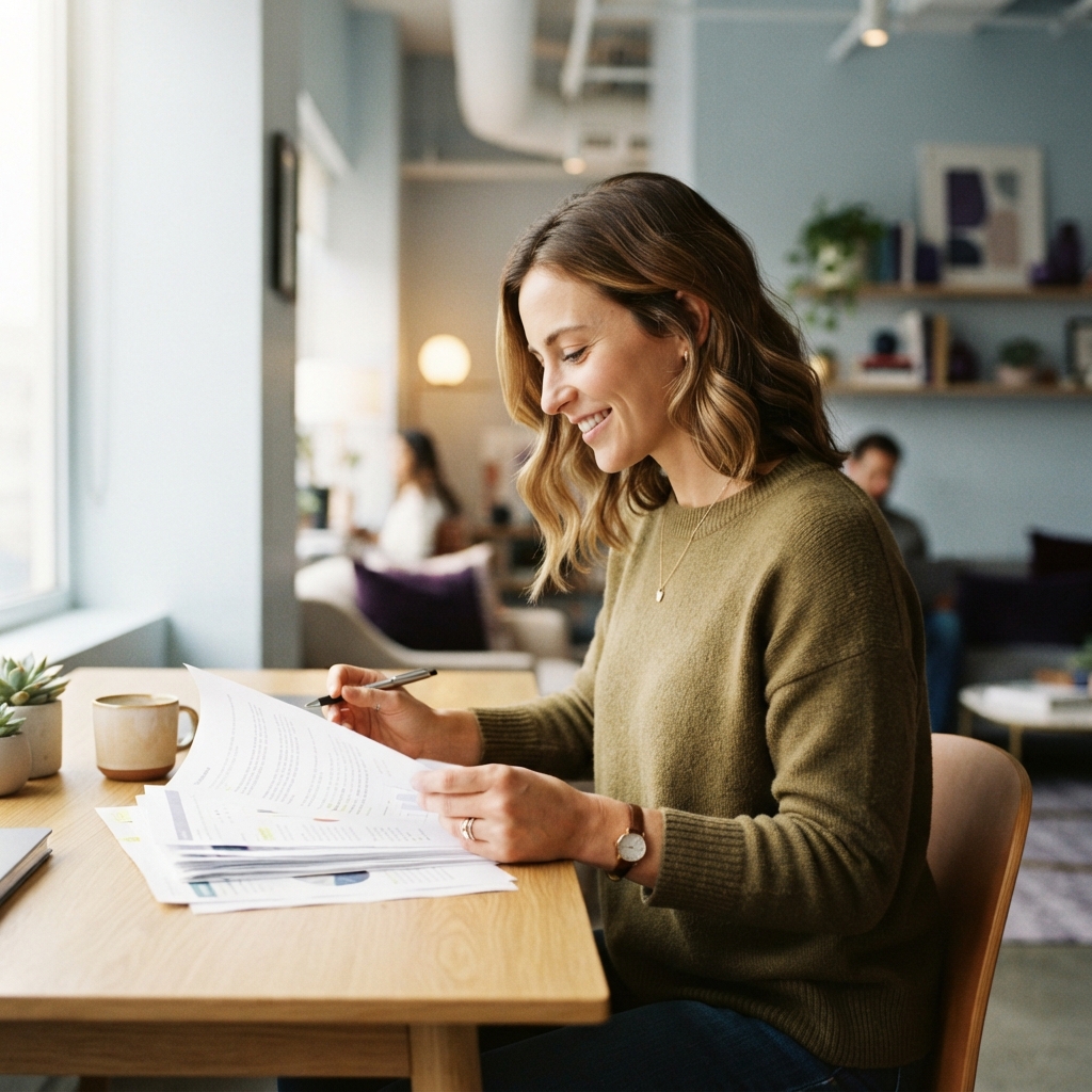 Team member reviewing documents in a sunlit office