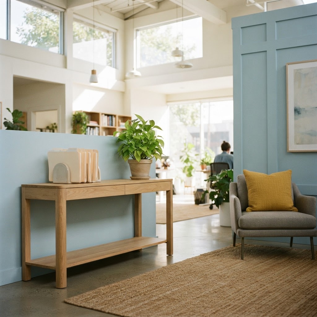 A bright and organized office corner with minimalist furniture