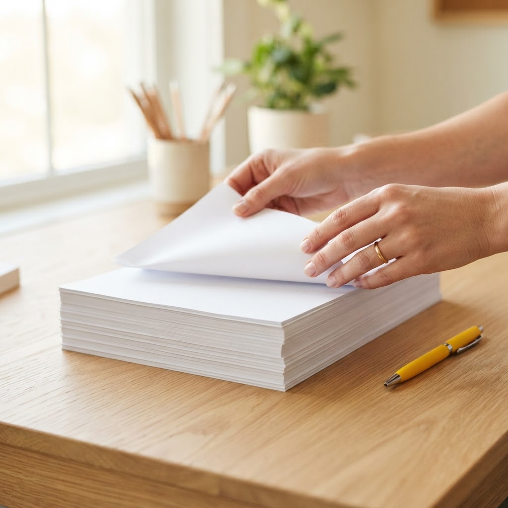 Hands neatly stacking paper documents on a wooden table