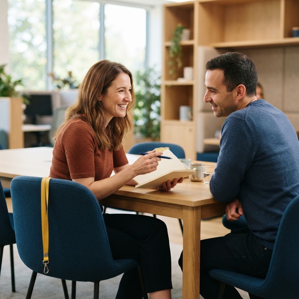 Two colleagues collaborating on a document in a bright office