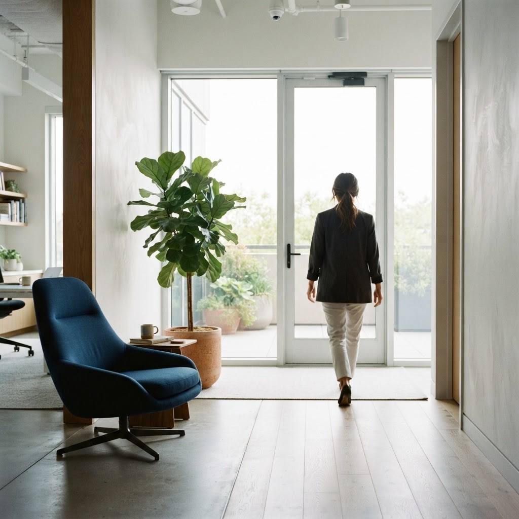 A sunlit modern office corner with an inviting chair