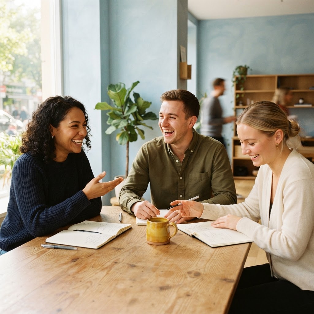 A team laughing together in a modern bright office