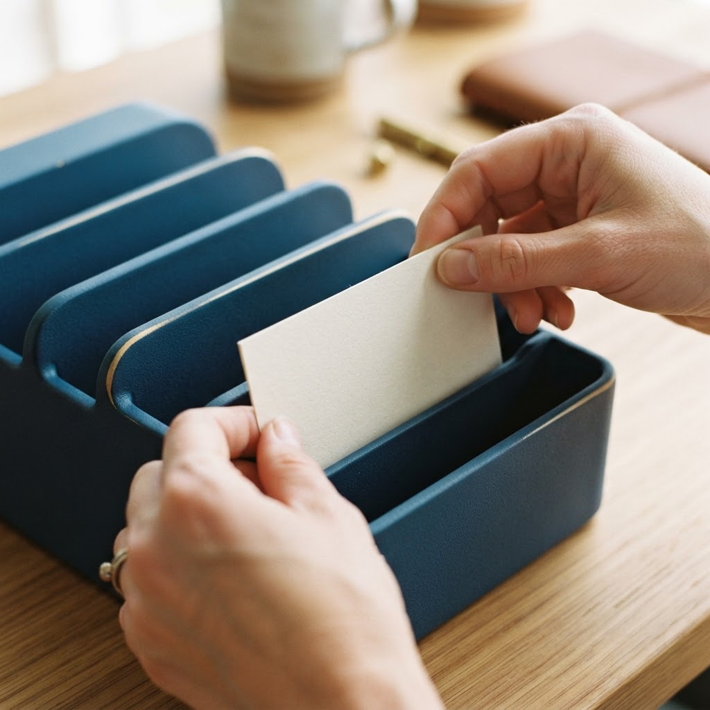 Hands placing an index card into an organizer