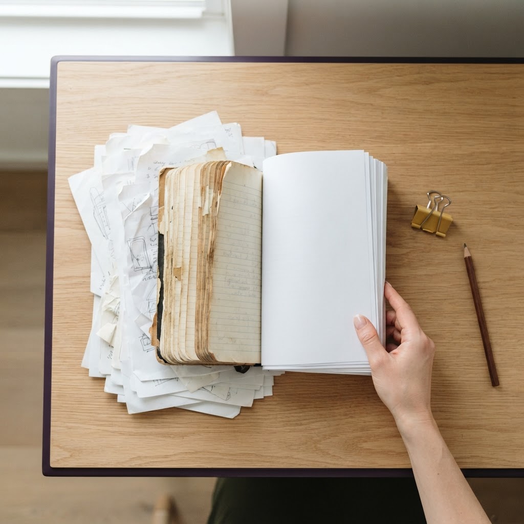 Organizing scattered papers into a neat stack on a desk