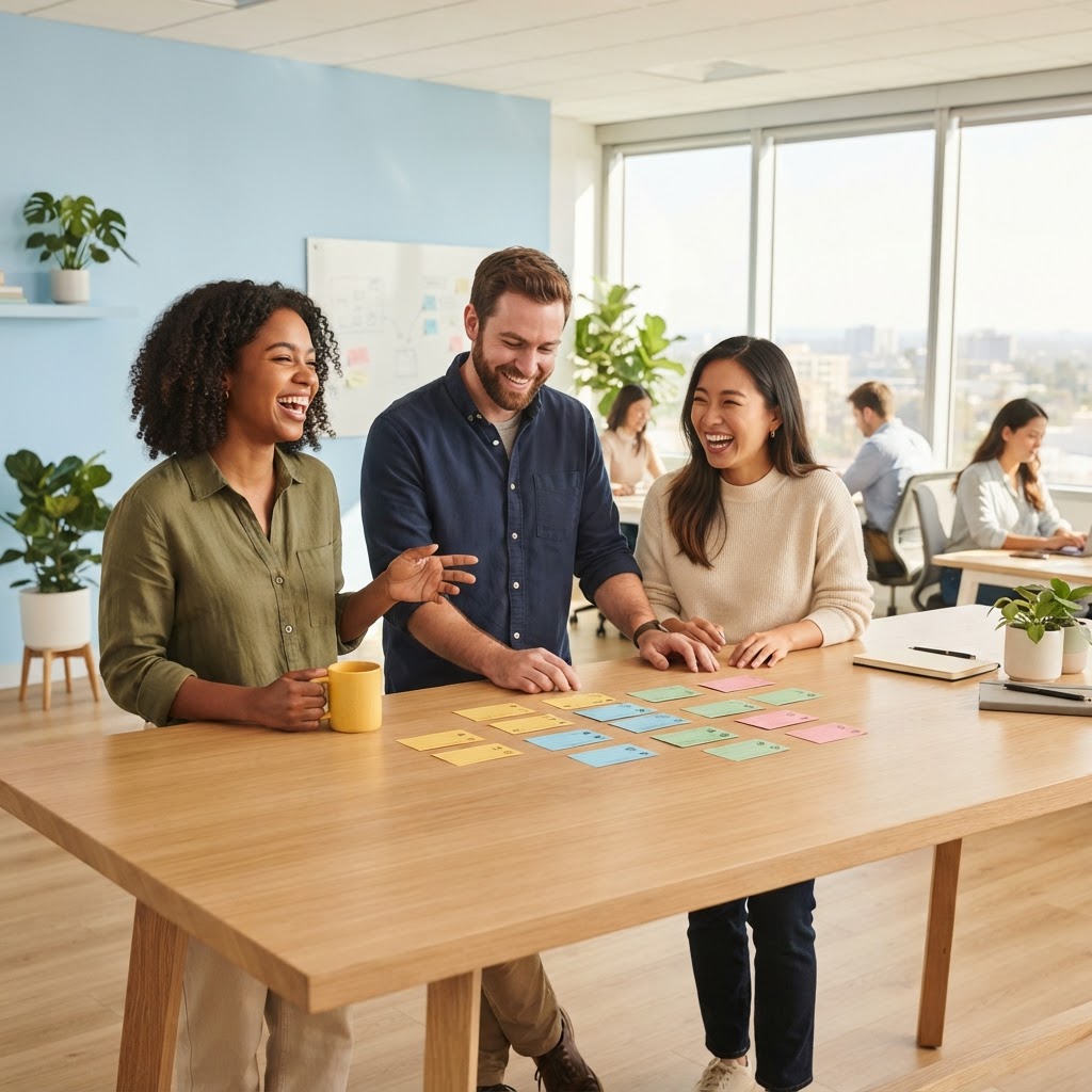 A team laughing and collaborating in a bright, modern office.