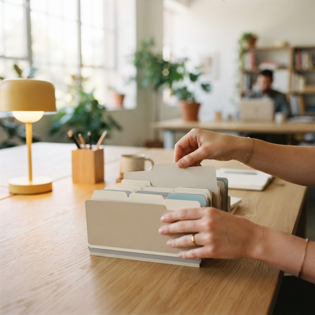 Hands organizing clean paper files on an oak desk.