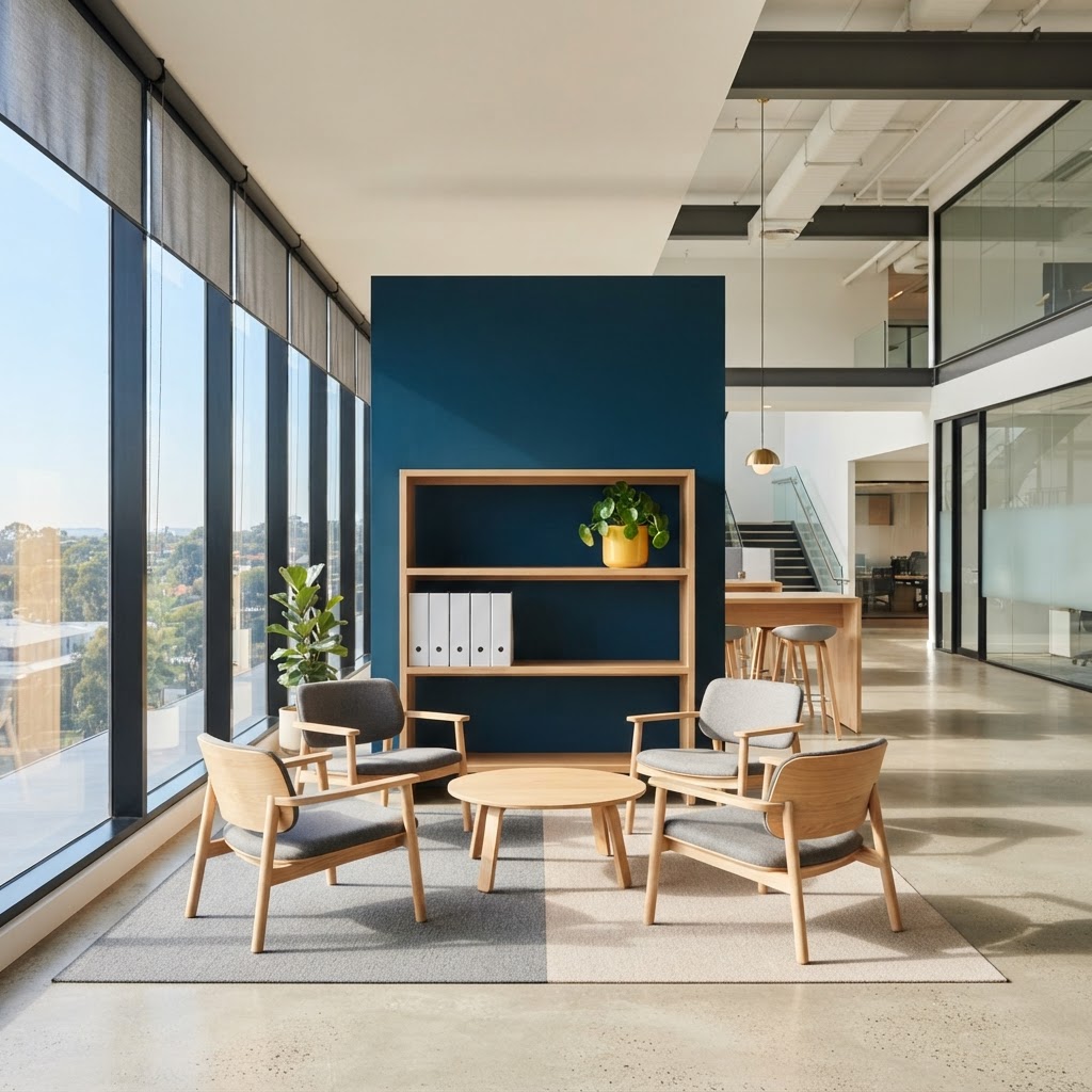 Minimalist shelves and workspace in a sunlit modern office.