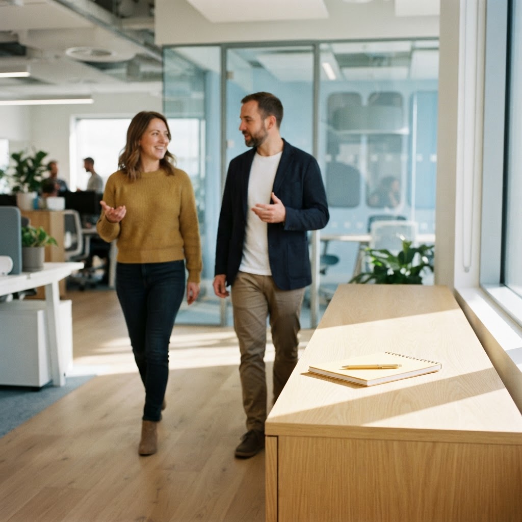 Two colleagues talking while walking through a bright office.