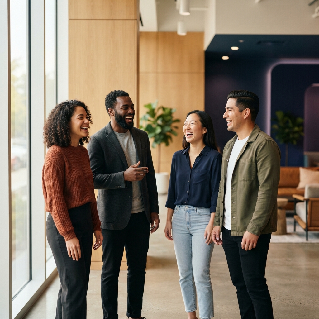 Diverse team laughing and talking in a modern office lobby