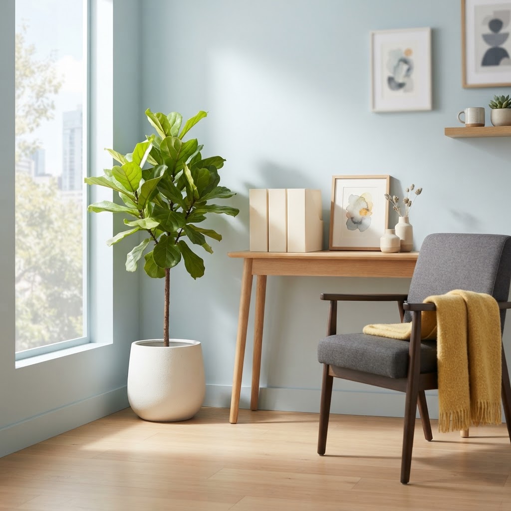 A bright office corner with a plant and organized folders