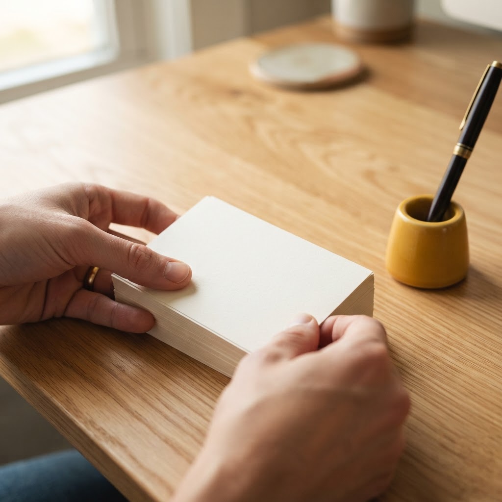 Hands organizing clean blank index cards on a wooden desk