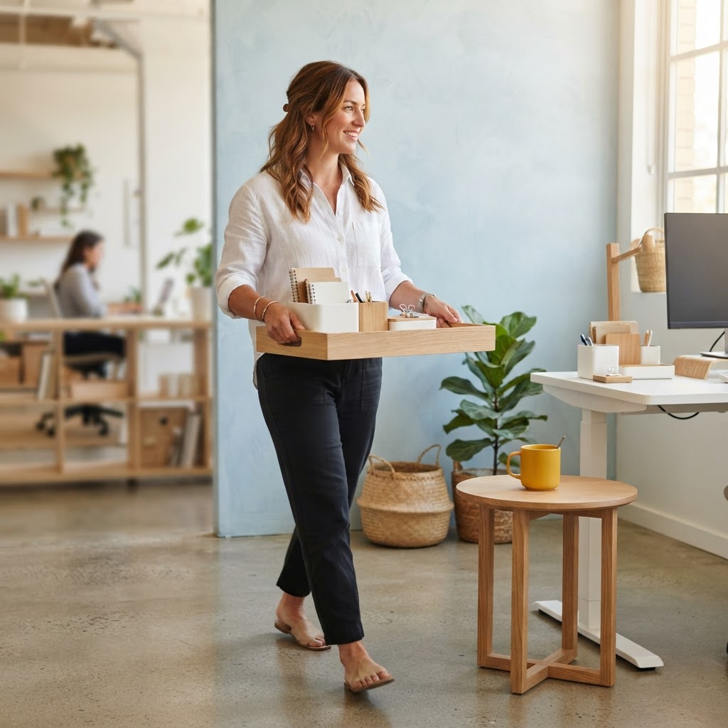 Person carrying stationery organizers in a sunlit modern office