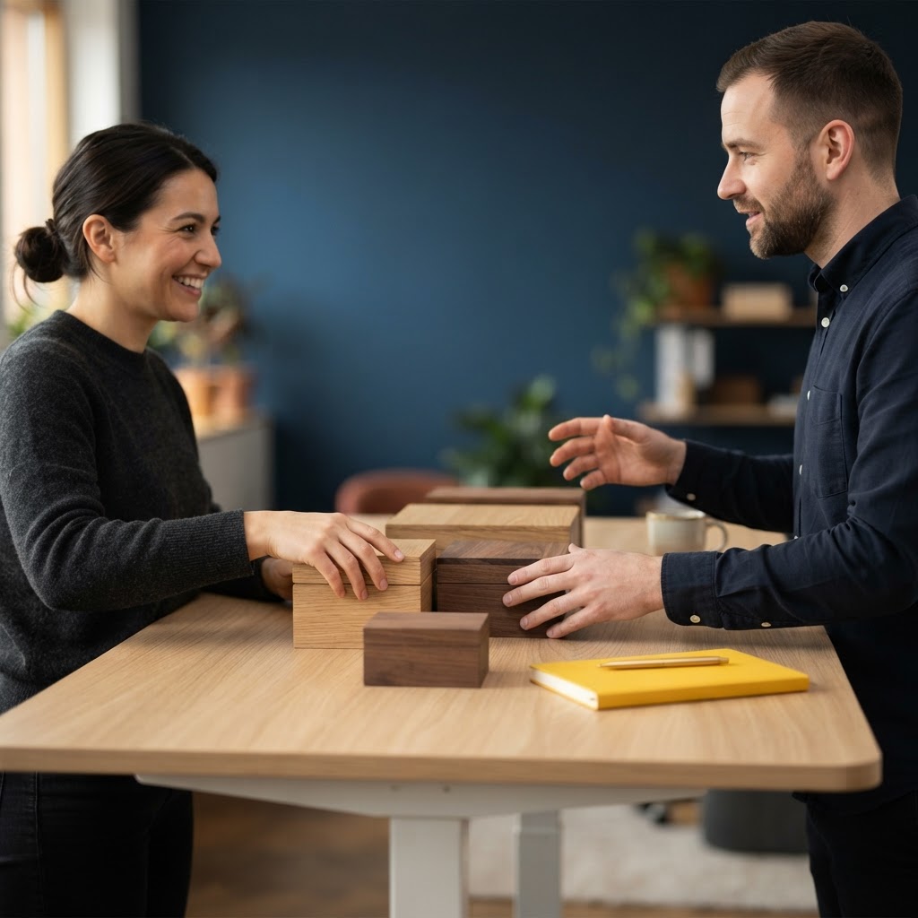Two colleagues collaborating at a clean wooden desk