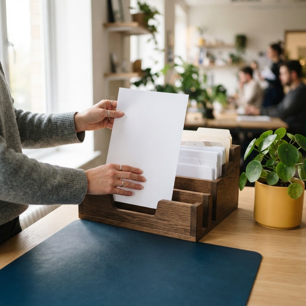Hands organizing documents in a clean workspace