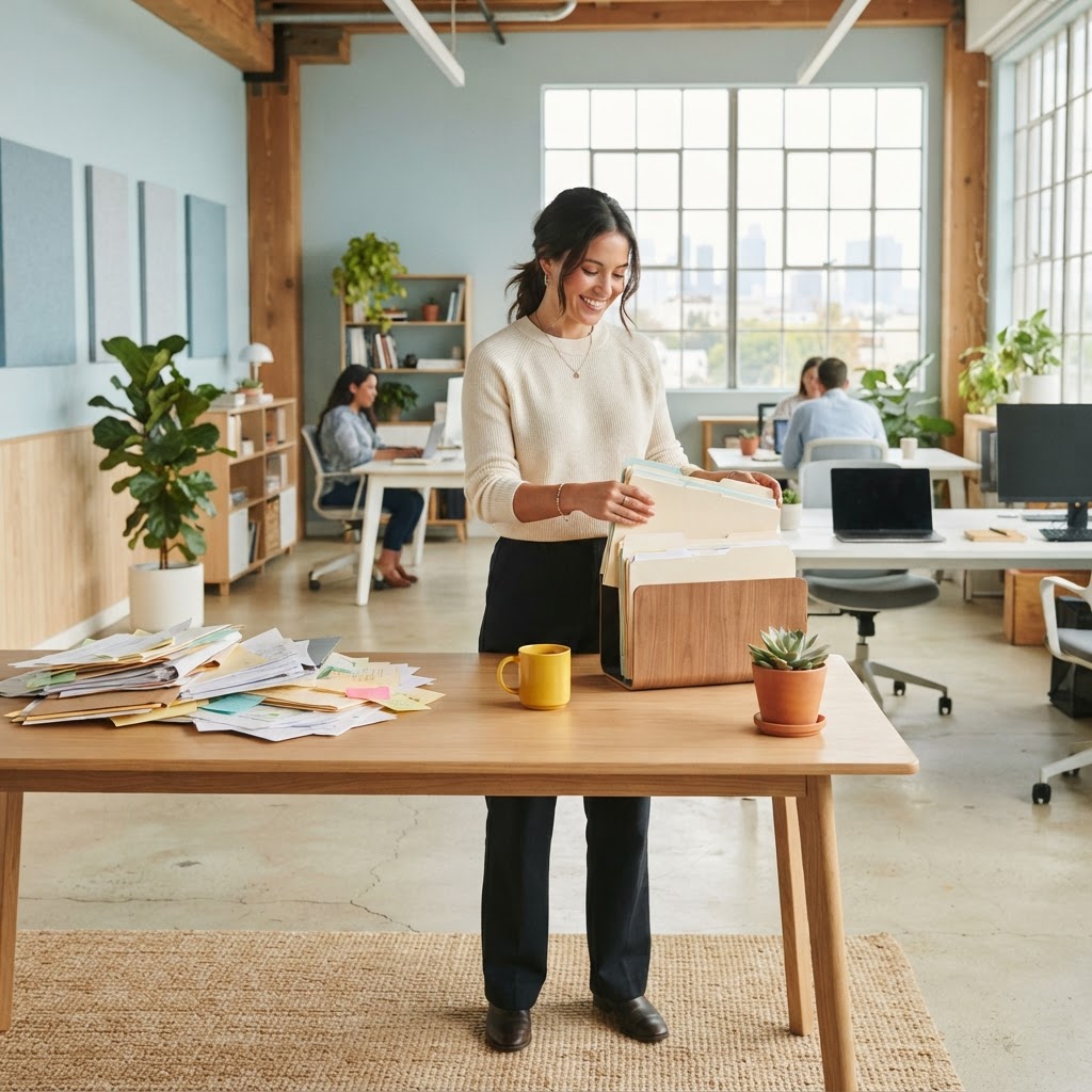 Person organizing physical files into neat stacks on a desk