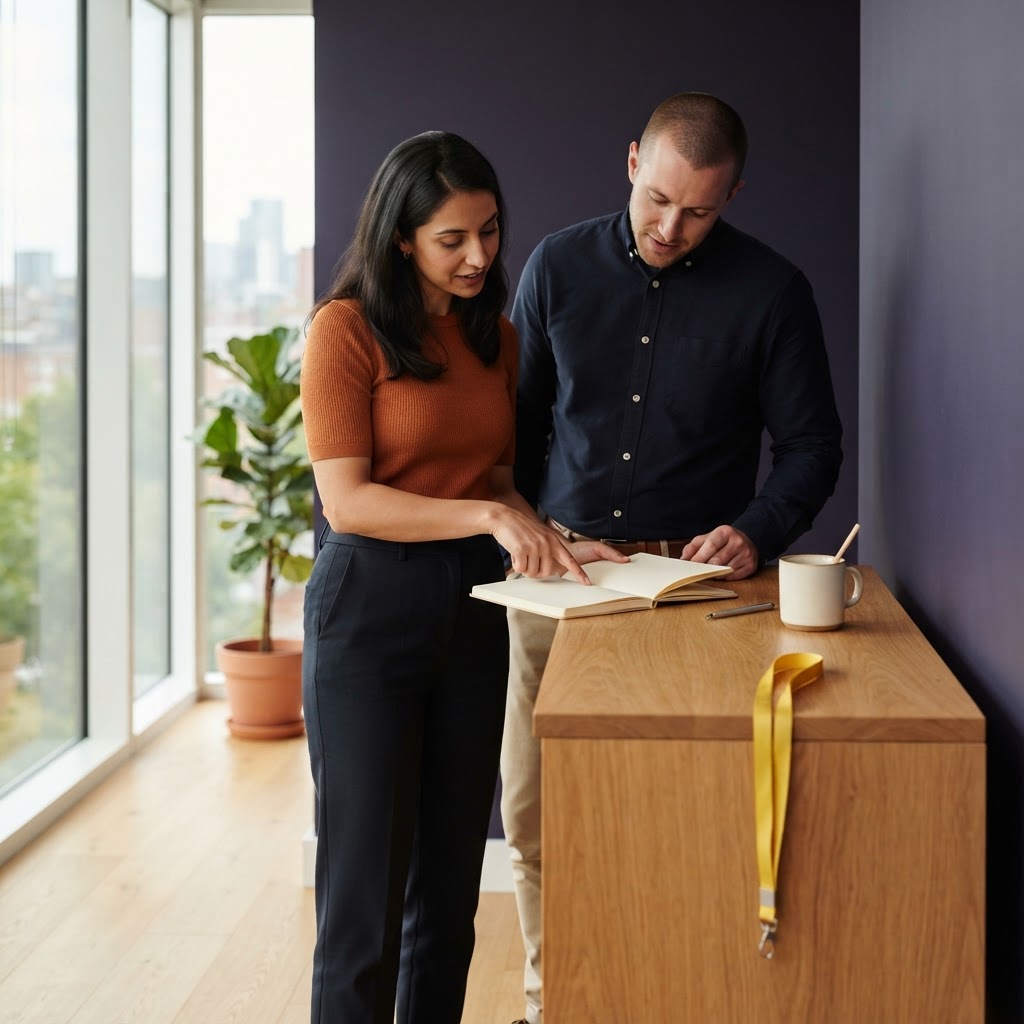 Two colleagues collaborating over a notebook in a bright office