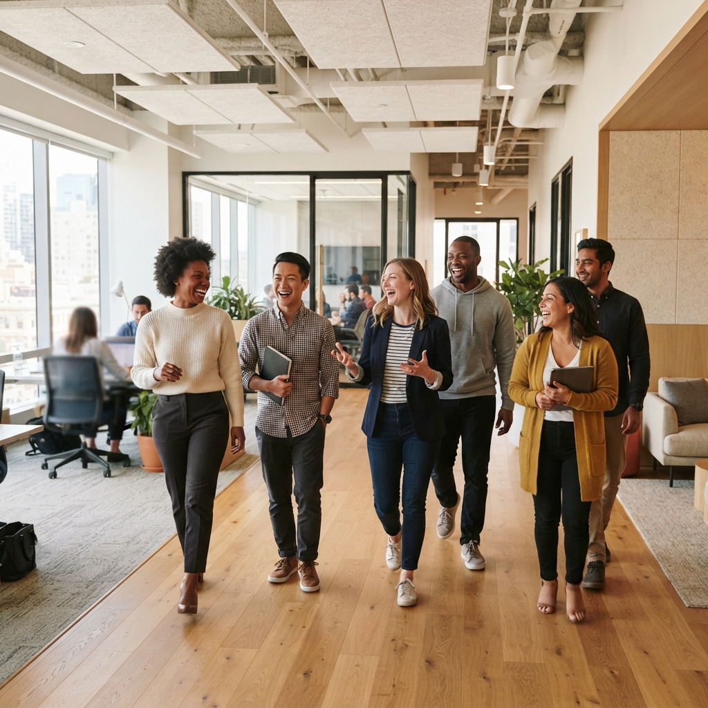 A happy team walking together in a bright office