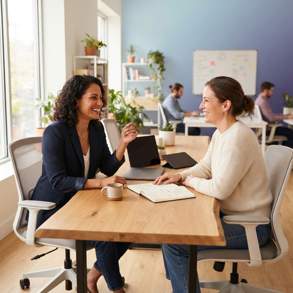 Two colleagues collaborating in a bright modern office
