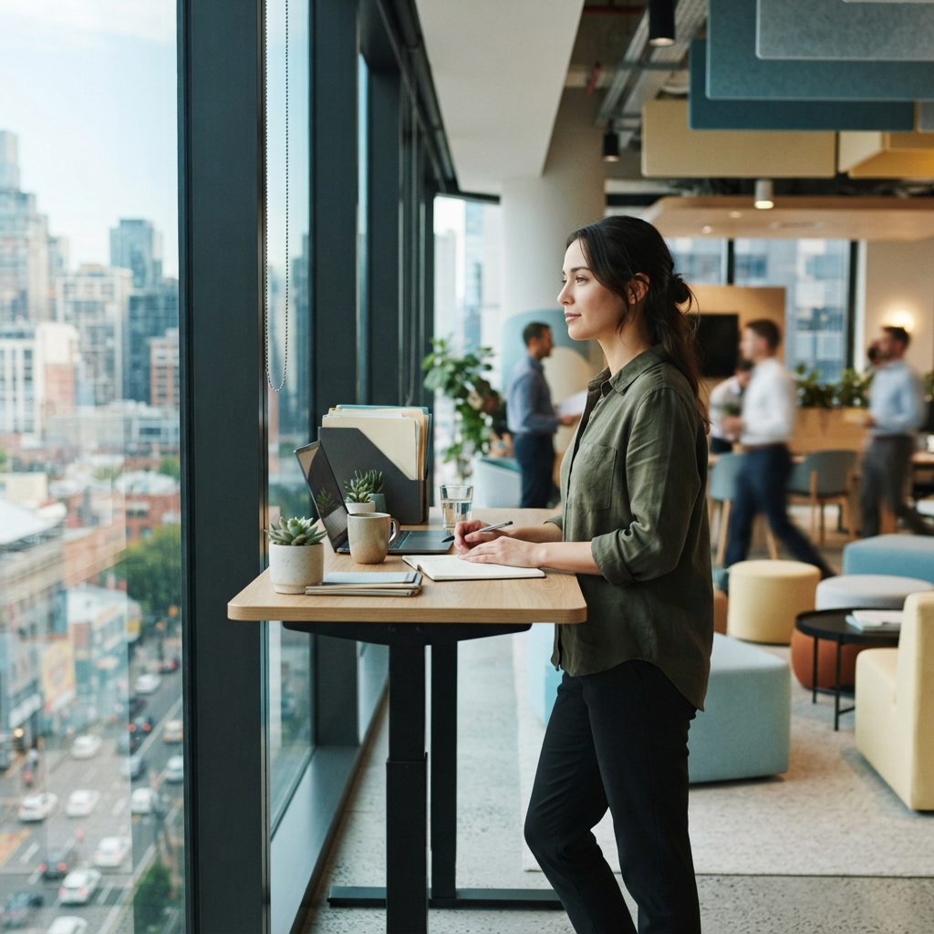 A professional looking out of a window in an office