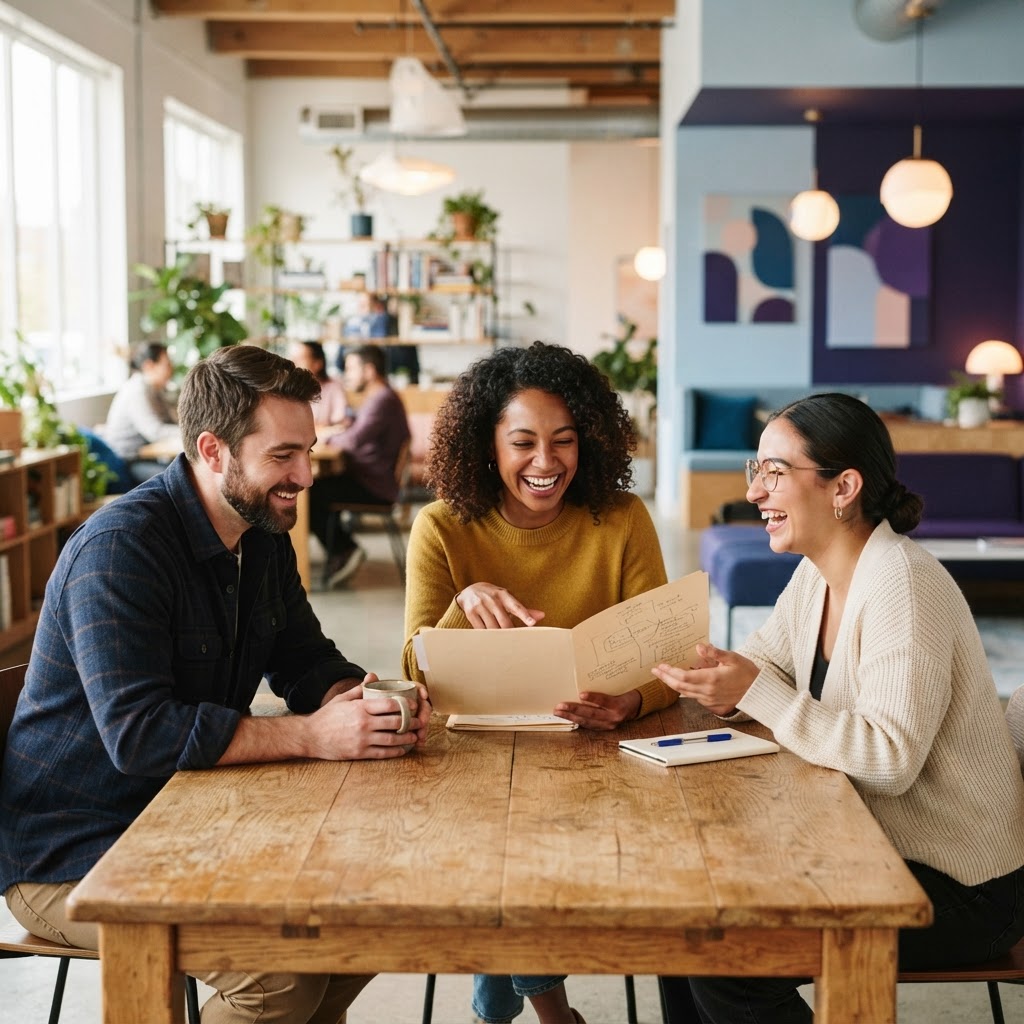 A team laughing and collaborating in a bright office