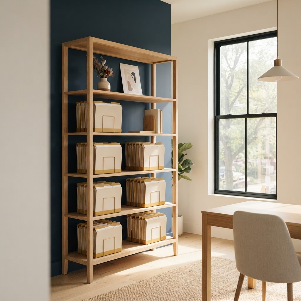 A minimalist bookshelf with organized folders in a bright office