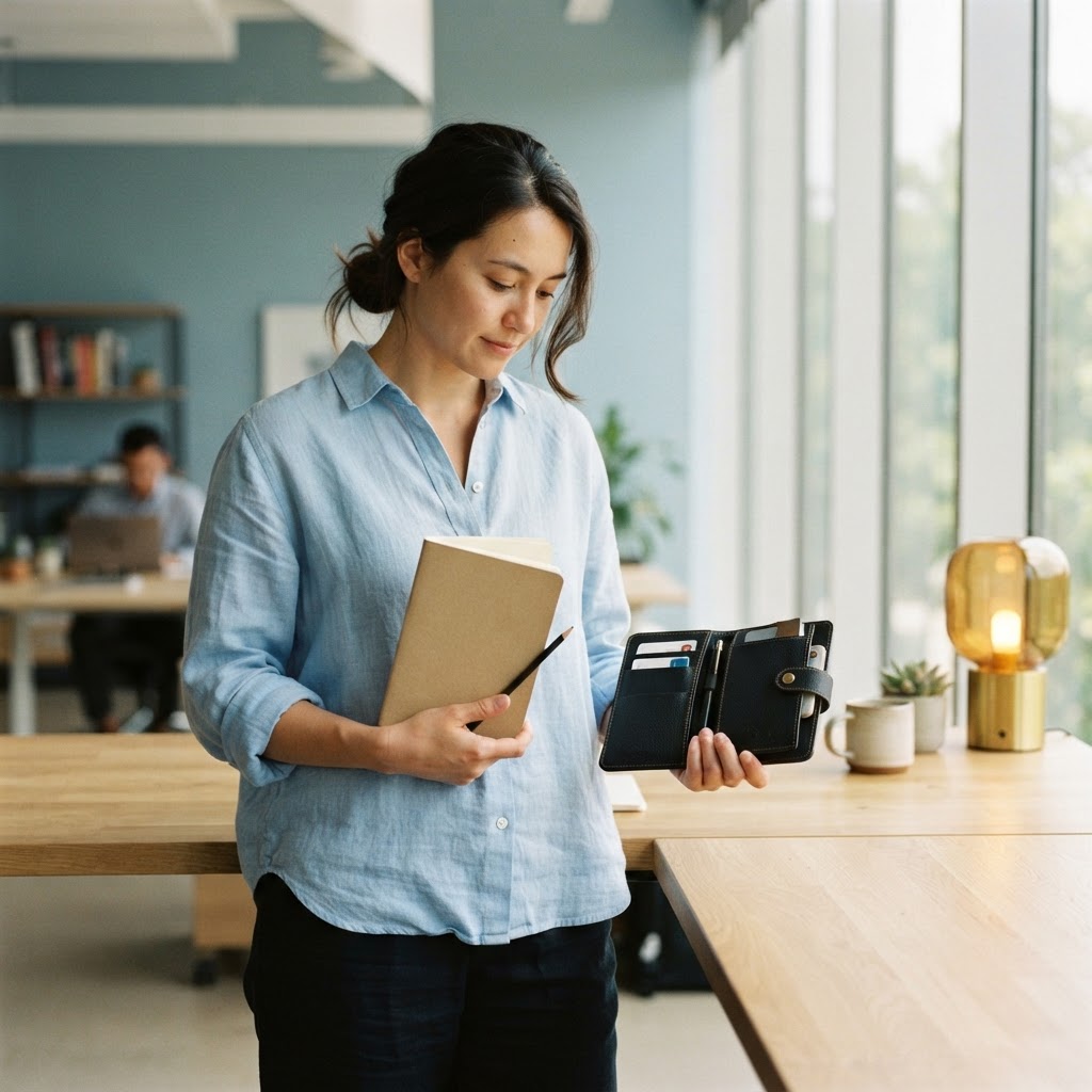 A person choosing between a blank sketchbook and a finished organizational tool