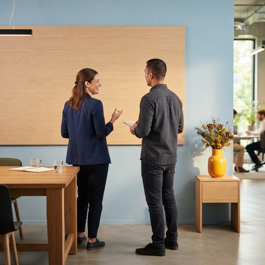 Two colleagues collaborating in a bright modern office