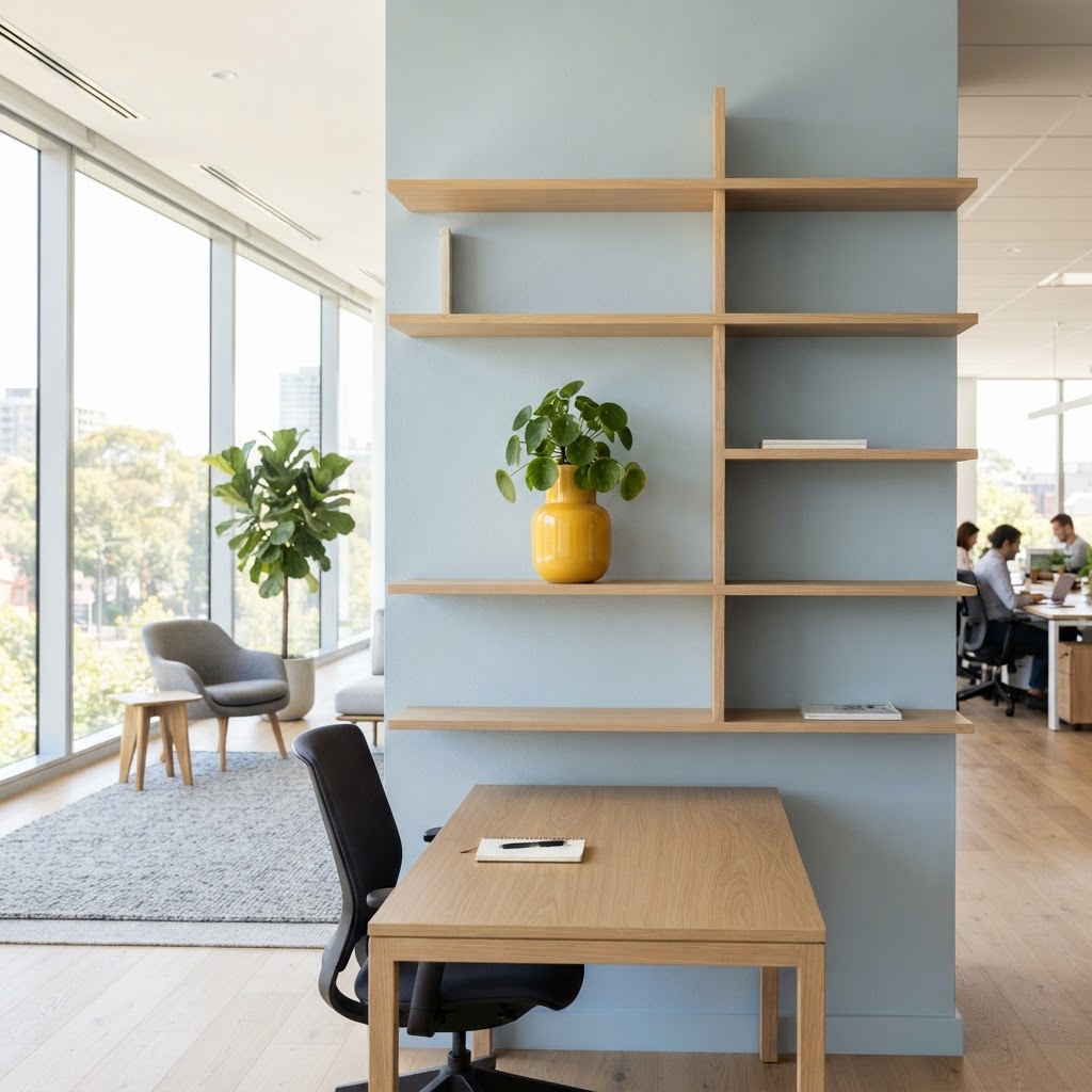 A bright modern workspace with a minimalist shelf and plant