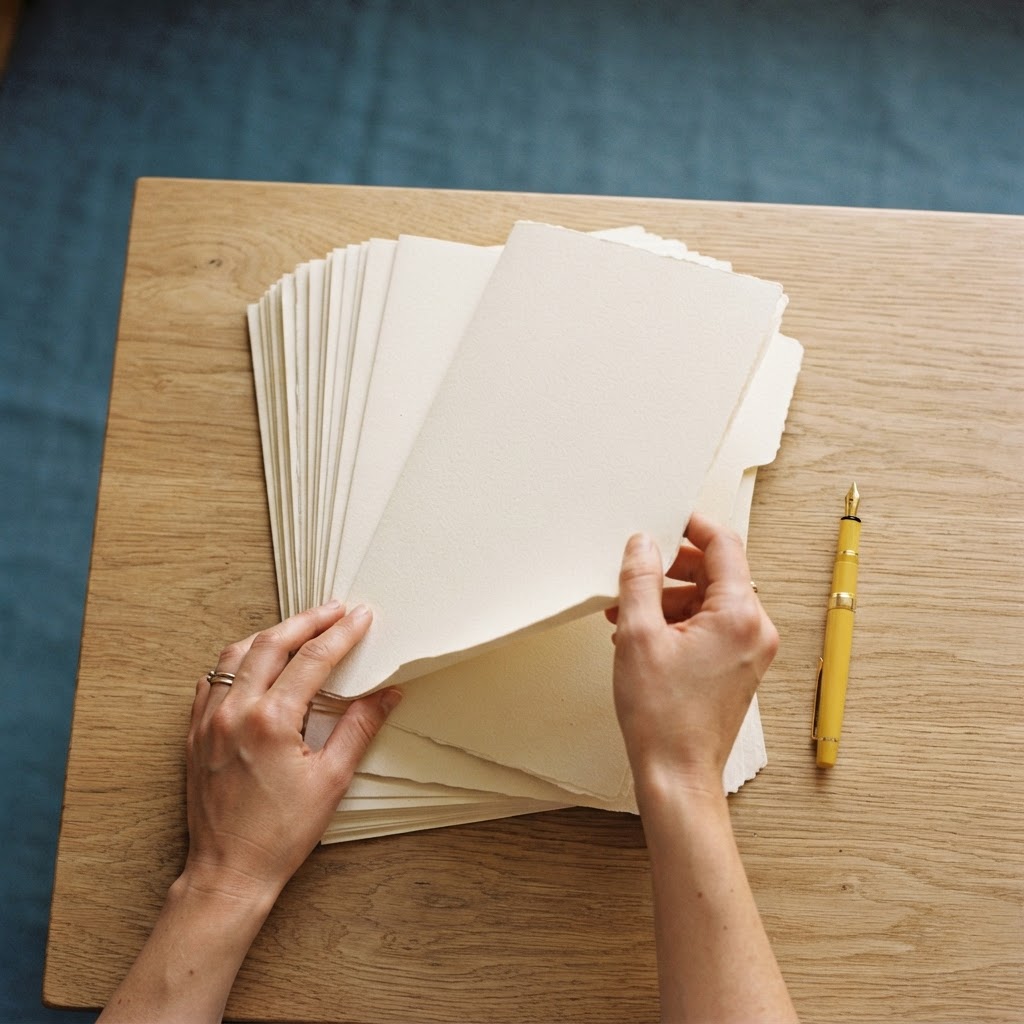 Hands neatly organizing paper folders on a wooden desk