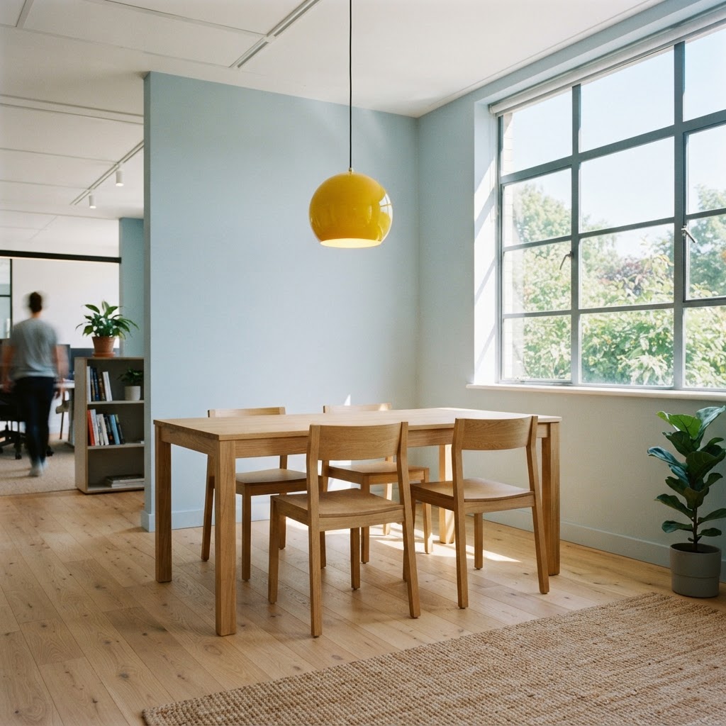 Modern office interior with minimalist table and yellow pendant light
