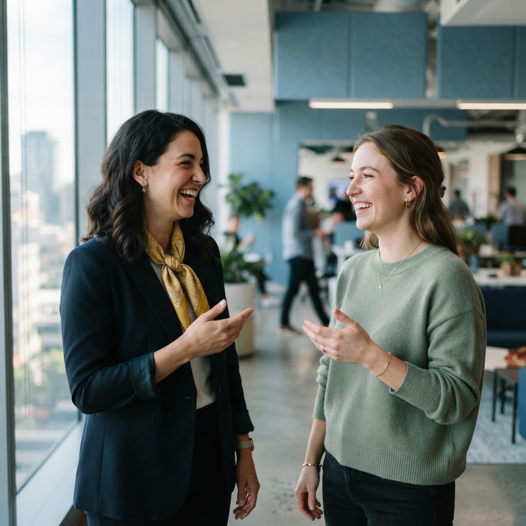 Two colleagues in a relaxed conversation in a bright office