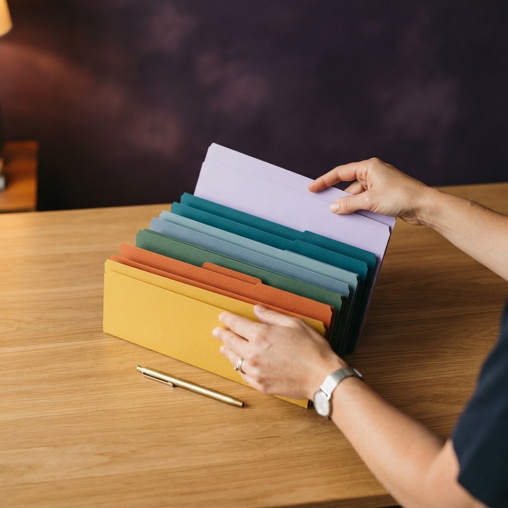 Hands organizing files into a neat stack on a desk