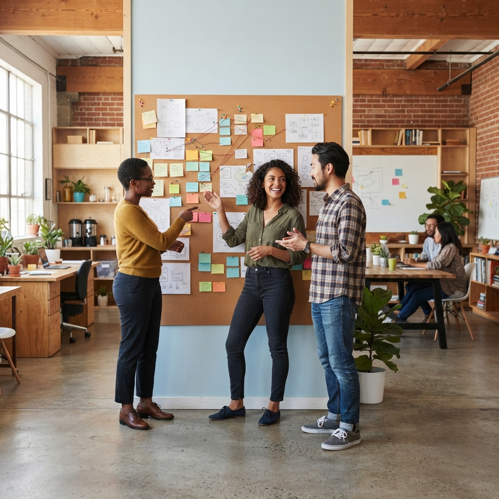 Team members collaborating in a modern office space