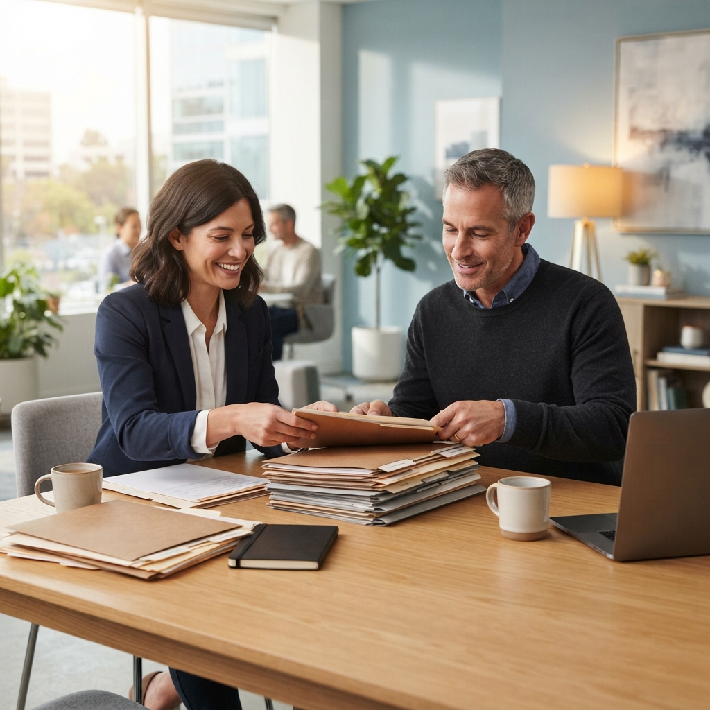 Two colleagues organizing documents in a sunlit office