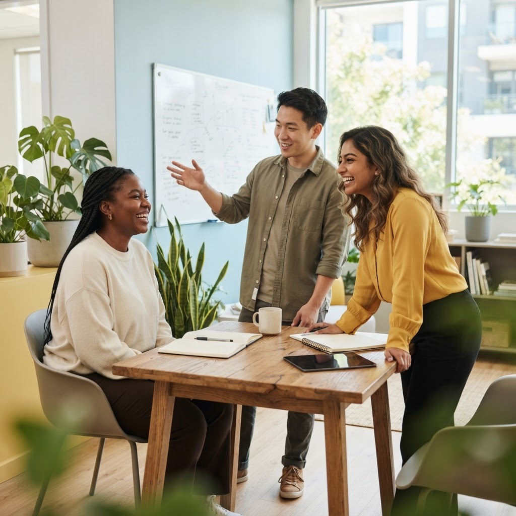 A diverse team collaborating in a bright modern office