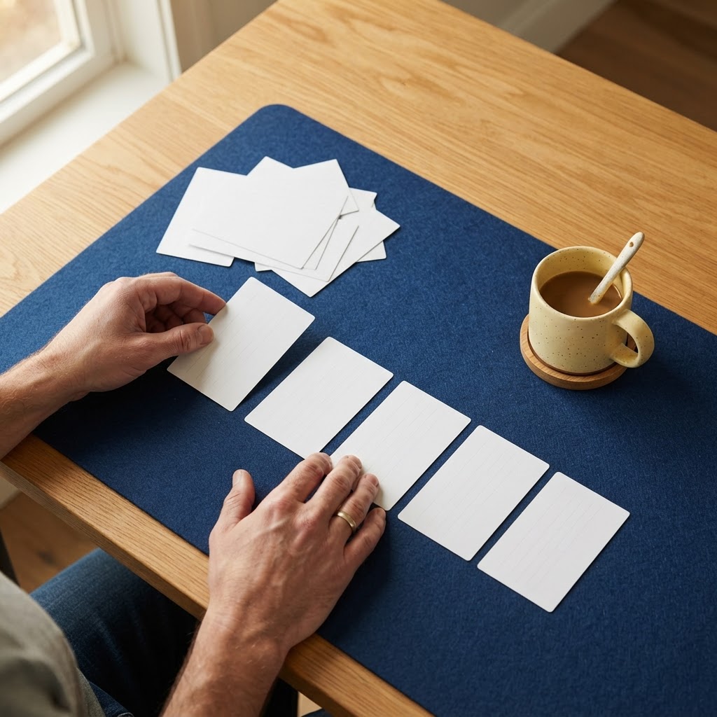 Organizing physical paperwork on a clean office desk