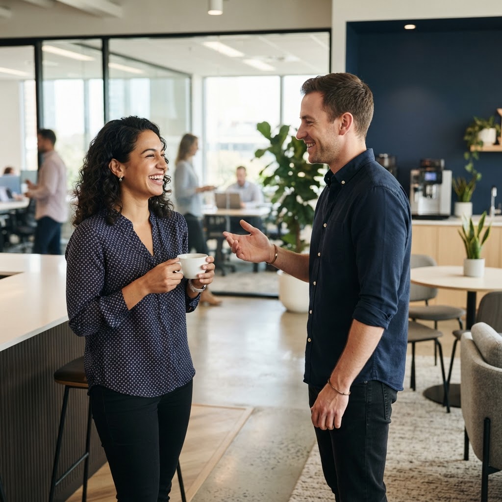 Two coworkers having a friendly conversation in a break area